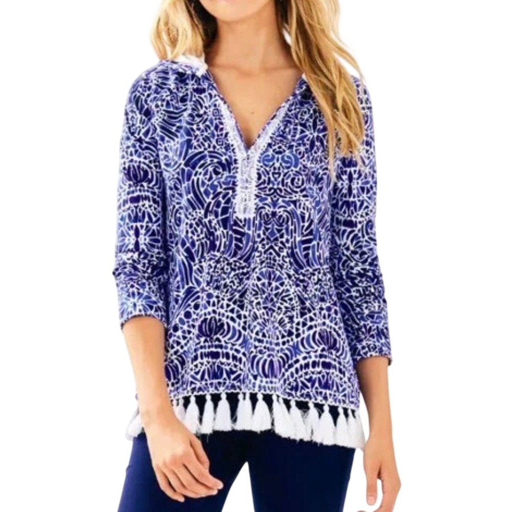 Lilly Pulitzer UPF 50+ Harmon Hoodie Taverna Tile Navy Blue White Tassel Top XL